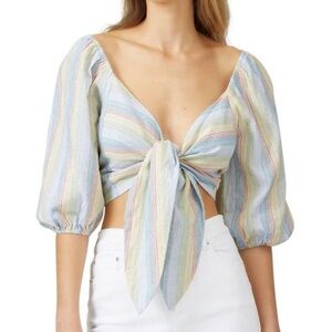 Moon River Striped Tie Front V-Neck Balloon Sleeve Crop Top Multicolor Sz XS